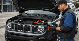  Painel do Jeep Renegade exibindo aviso de Start-Stop indisponível, sinal comum de bateria para Jeep Renegade fraca. 