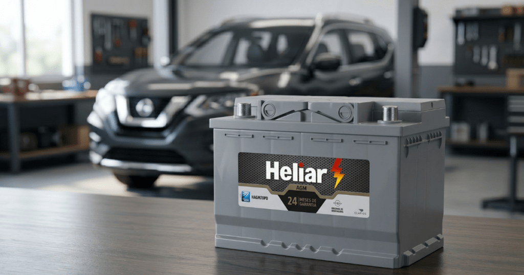 Bateria Heliar AGM em destaque sobre bancada de oficina mecânica com carro ao fundo