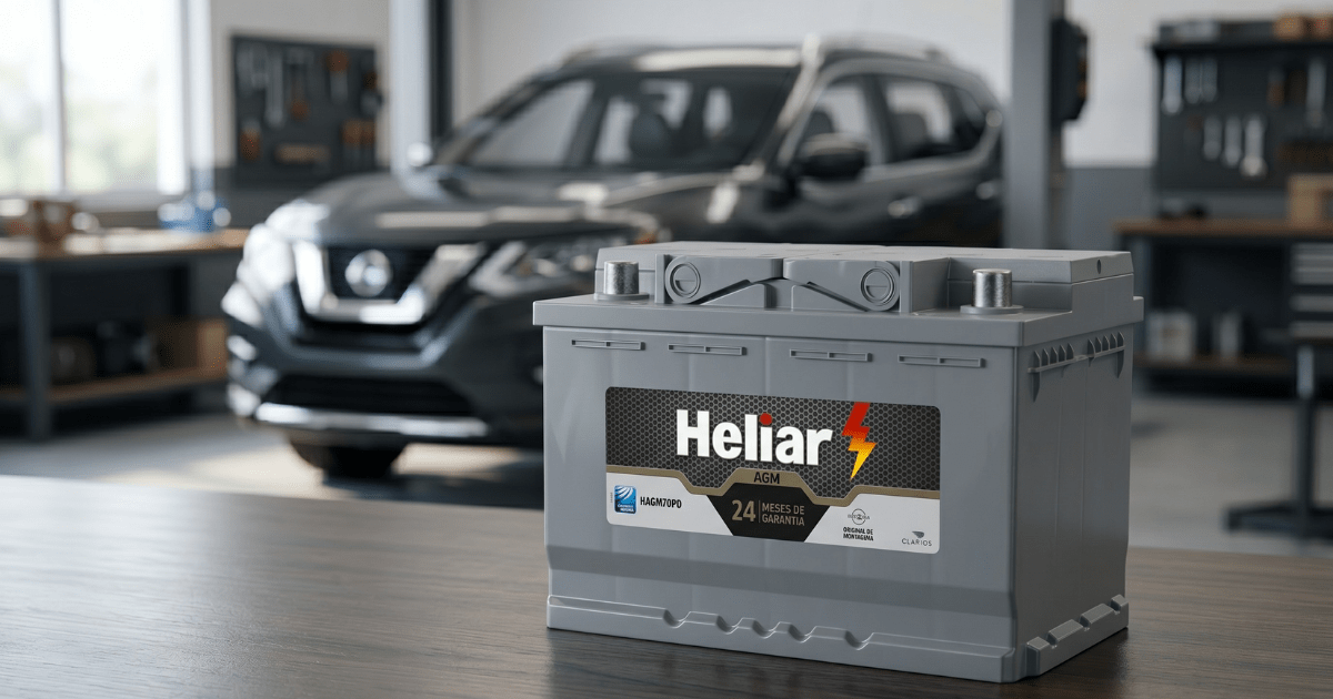 Bateria Heliar AGM em destaque sobre bancada de oficina mecânica com carro ao fundo