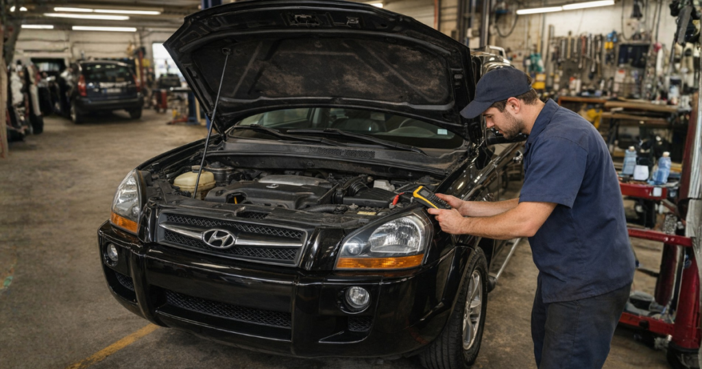 Técnico verificando a bateria de uma Hyundai Tucson com o capô aberto em oficina mecânica.