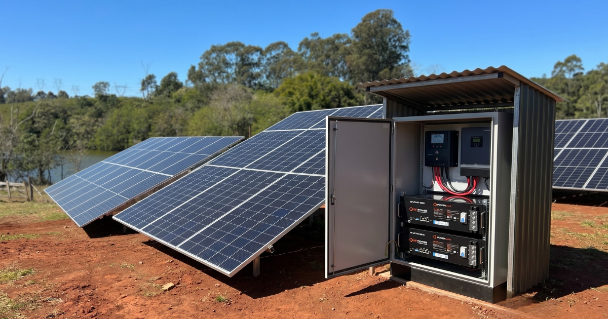 Sistema solar off grid em casa rural com banco de baterias externo