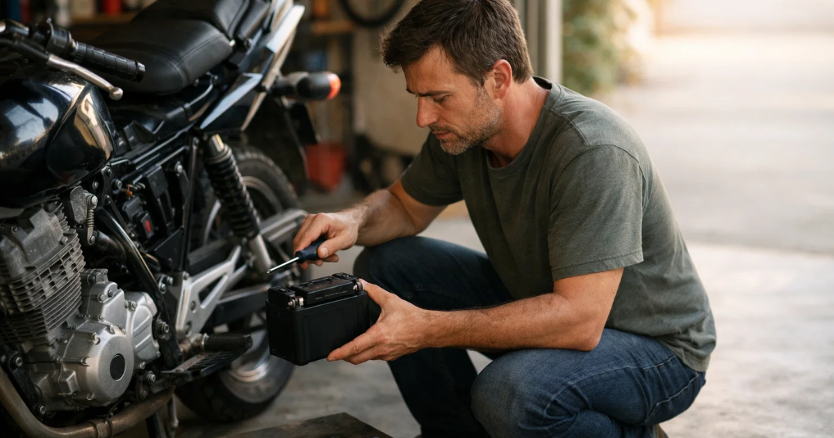 Homem trocando a bateria da moto na garagem, com ferramentas ao lado e iluminação natural, representando manutenção e troca de bateria de moto