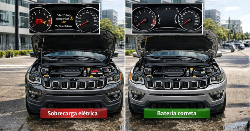  Imagem comparativa de bateria Compass errada gerando falhas elétricas no Jeep Compass e bateria correta garantindo funcionamento estável.